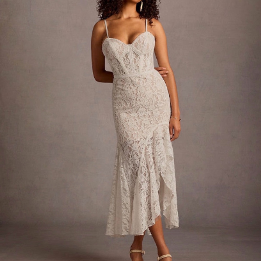 Kaira Cream Lace Corset Midi Dress with Spaghetti Straps (removable)